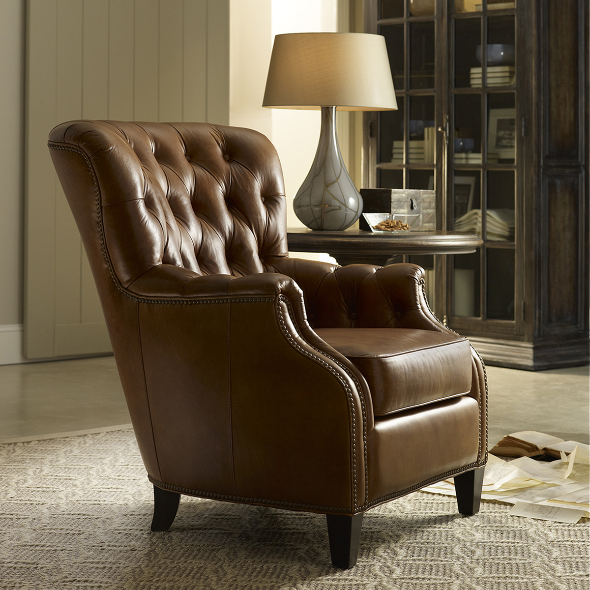 Harlow 37&quot; Wide Side Chair, Leather, Brown