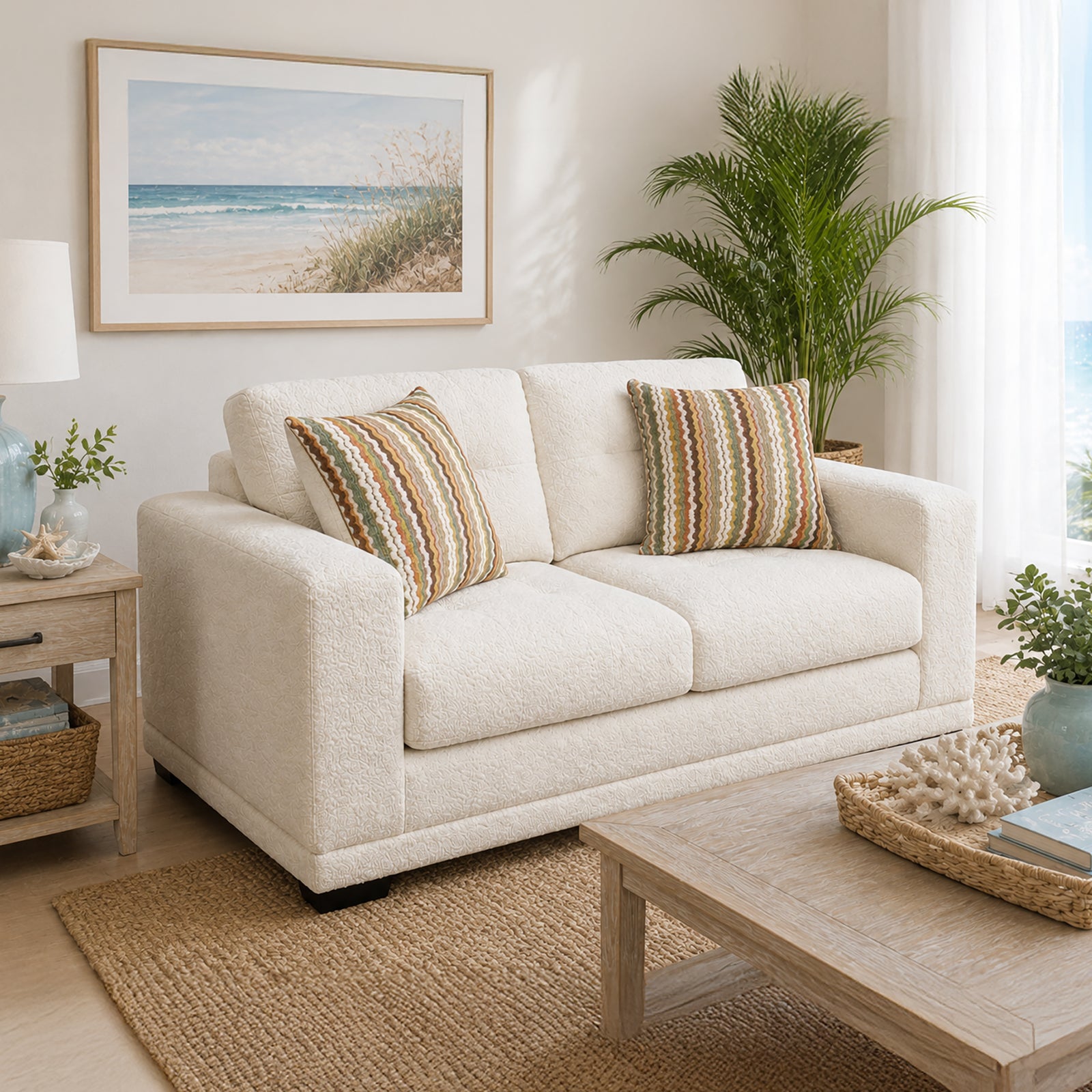 Adali Fabric Loveseat with Accent Cushions, Cream
