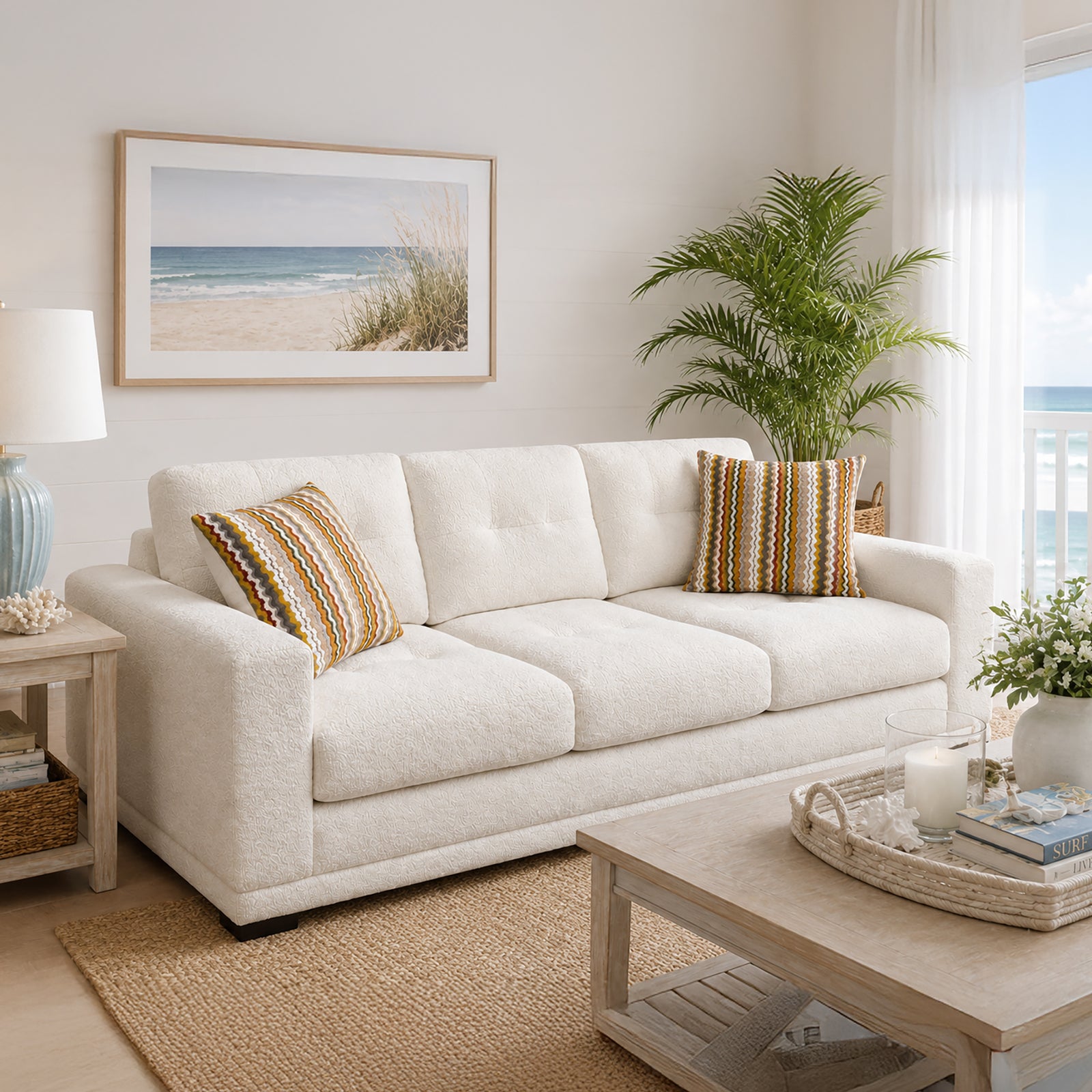 Adali Fabric Sofa with Accent Cushions, Cream - Coja