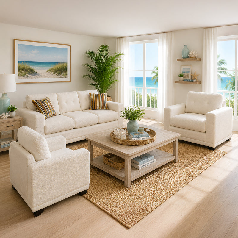Adali Fabric Sofa & Two Chairs Set with Accent Cushions, Cream