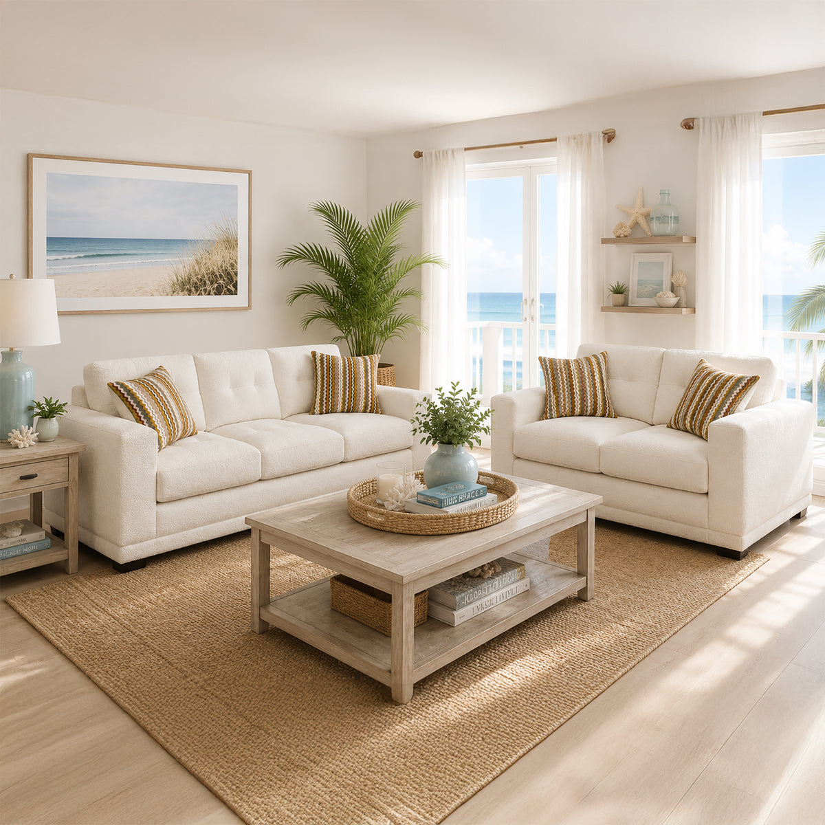 Adali Fabric Sofa & Loveseat Set with Accent Cushions, Cream