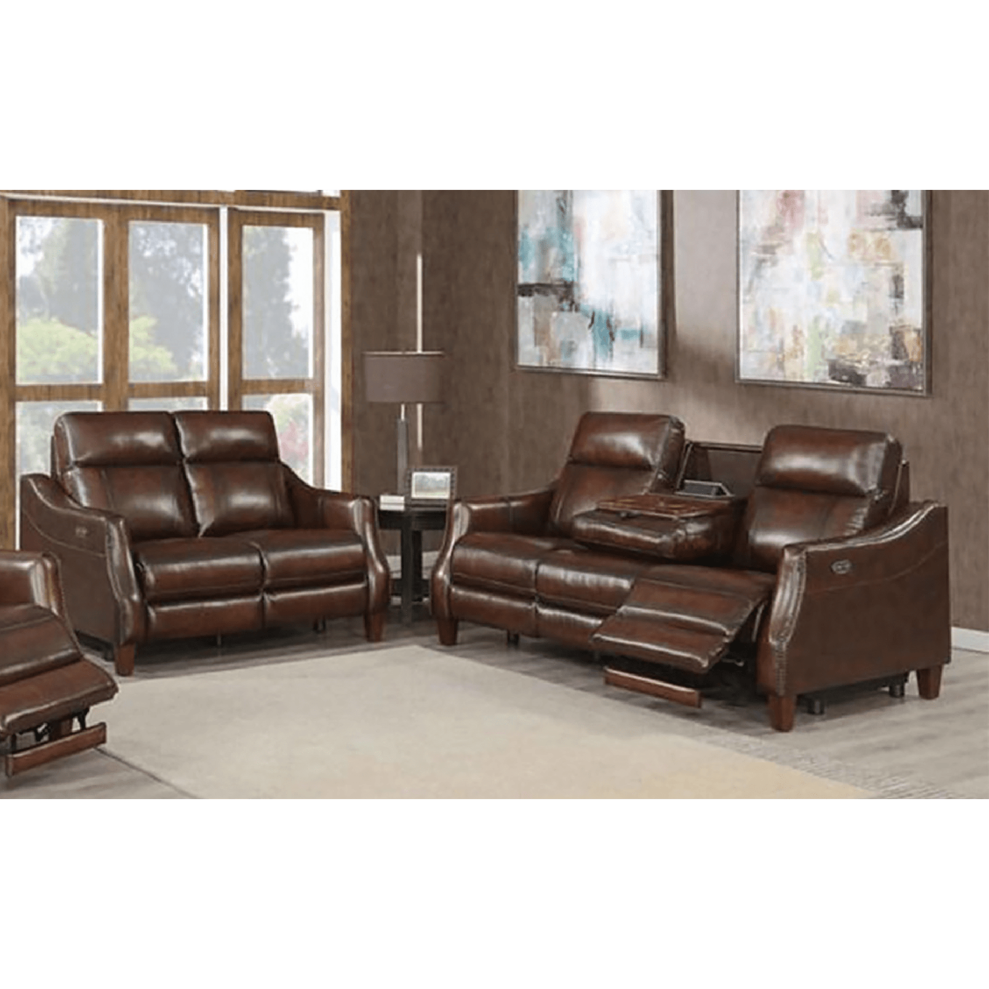 Agatala Leather Power Reclining Sofa and Loveseat Set with Articulating Headrest and USB, Brown - Coja