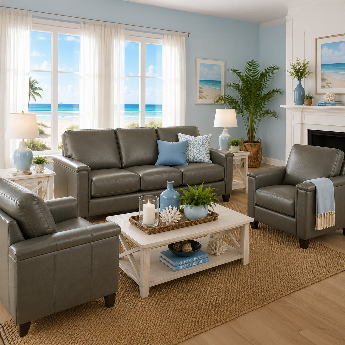 Benson Leather Sofa & Two Chair Set - Coja