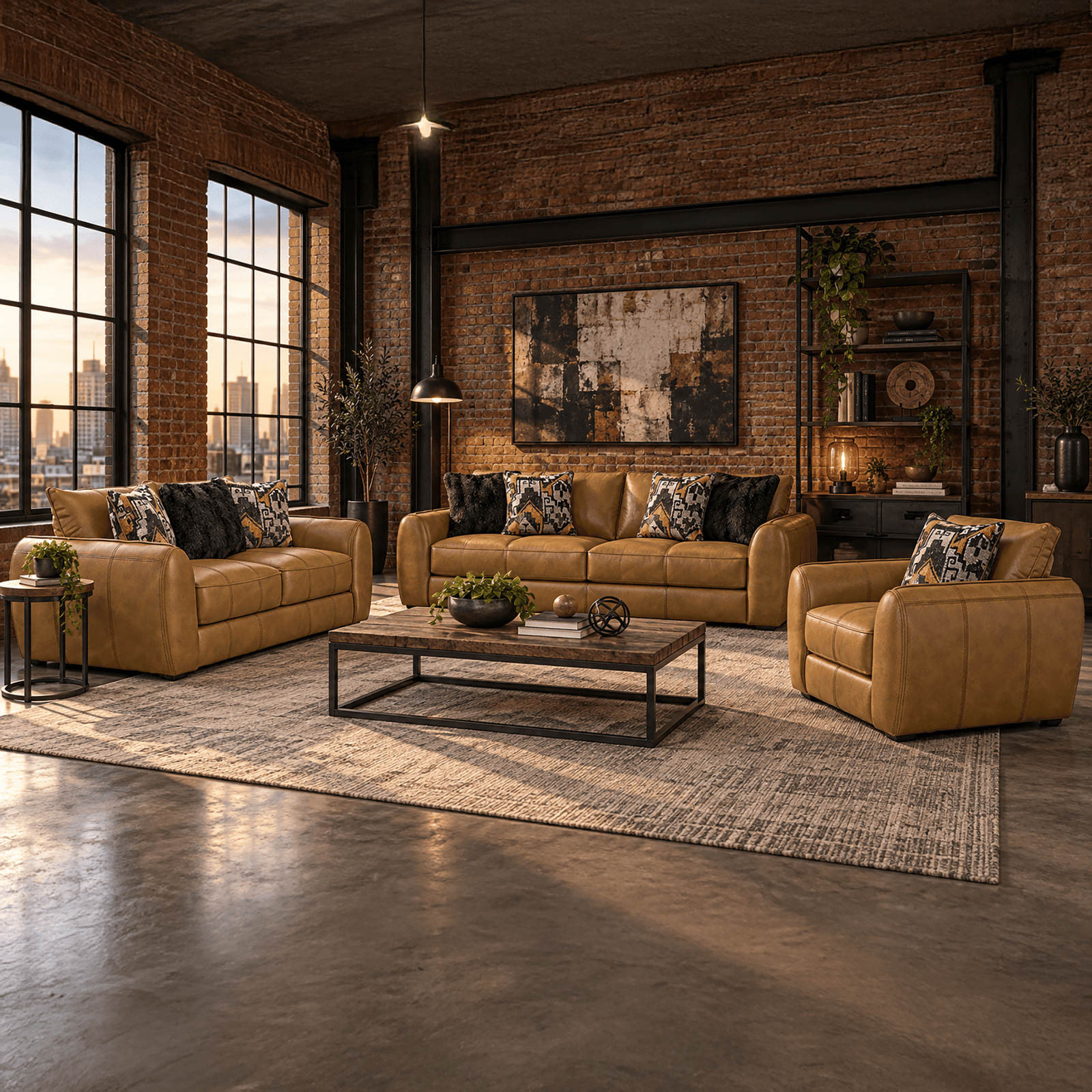 Chantea Three Piece Leather Living Room Set, Camel