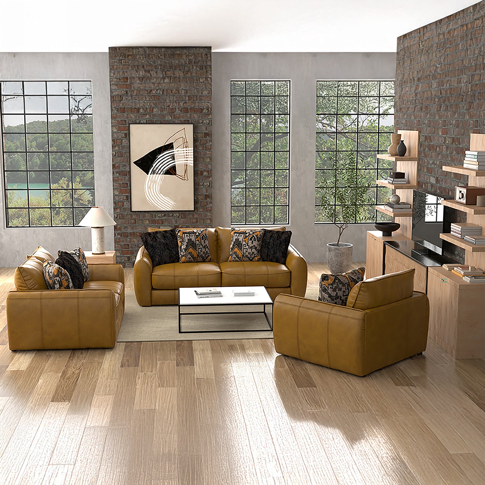 Chantea Three Piece Leather Living Room Set, Camel - Coja