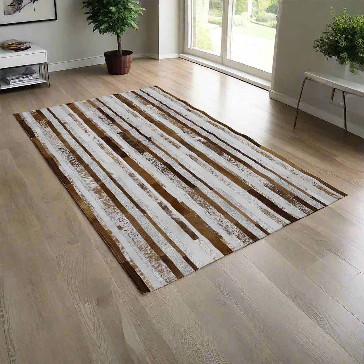 Cinnamon Striped Hair On Leather Rug, rectangle 5&#39; x 8&#39; - Coja