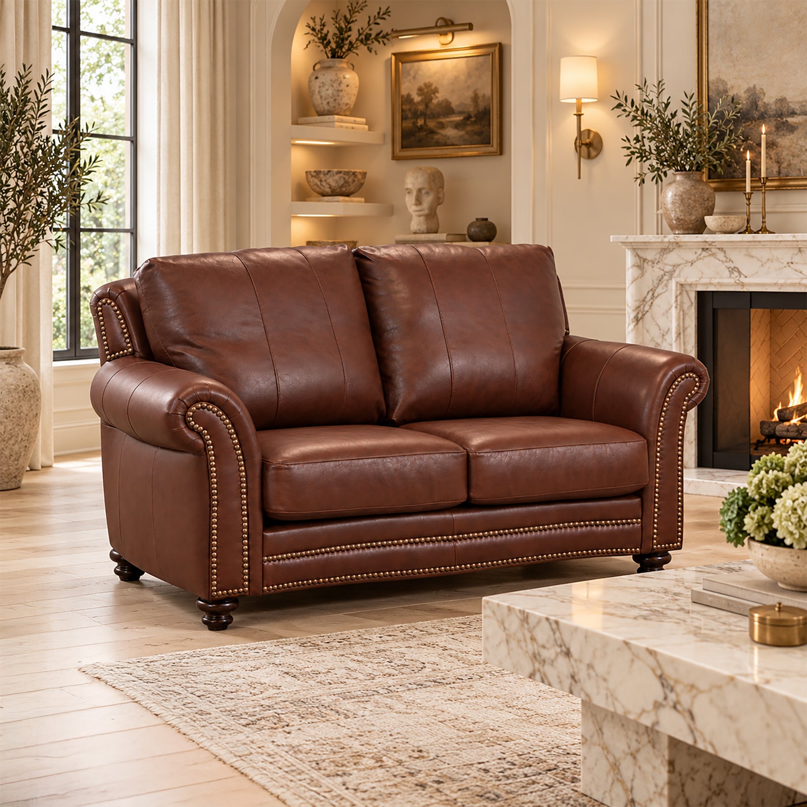 Clinton Genuine Leather Loveseat With Nailhead Trim - Made in the U.S.A. - Coja