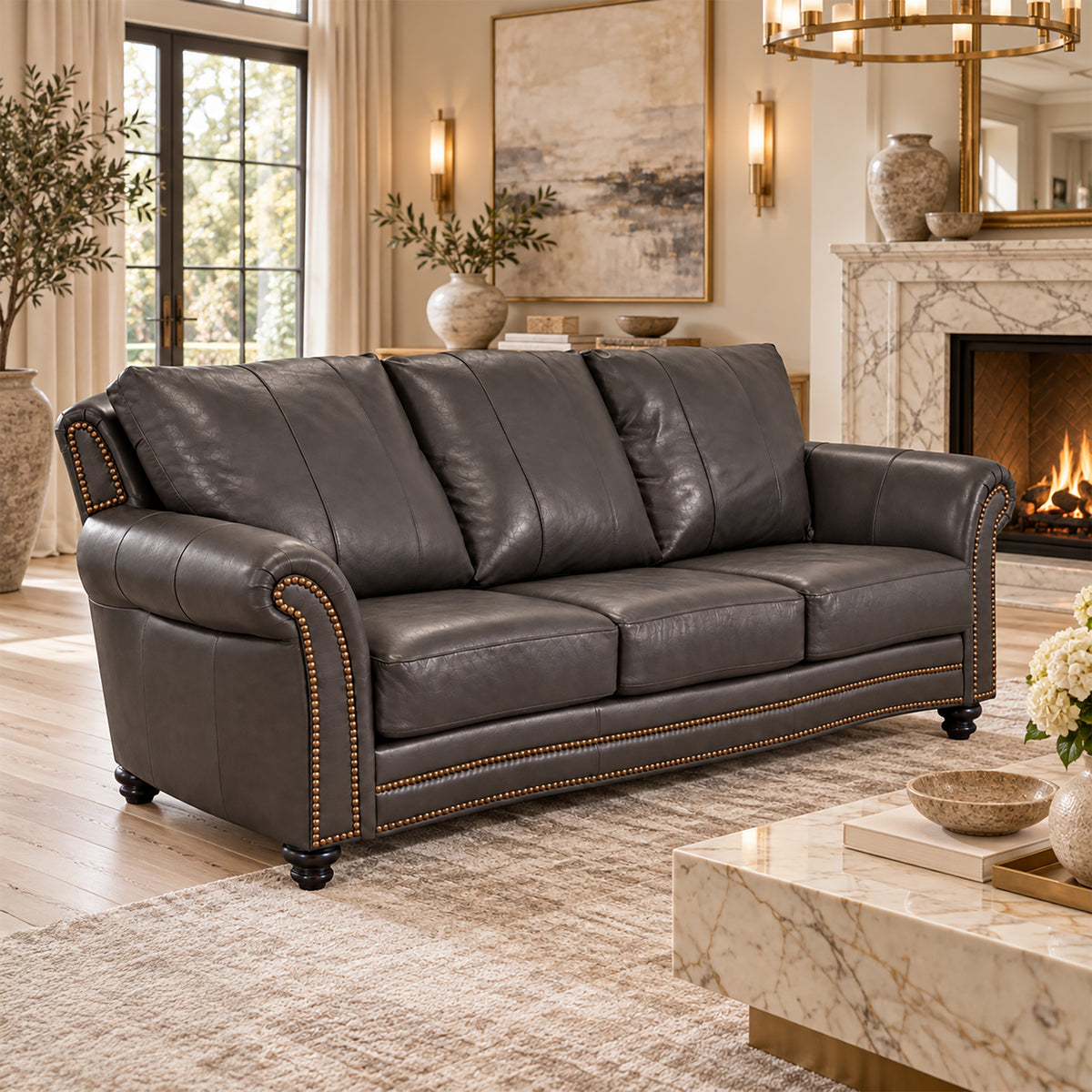 Clinton Genuine Leather Sofa With Nailhead Trim - Made in the U.S.A. - Coja
