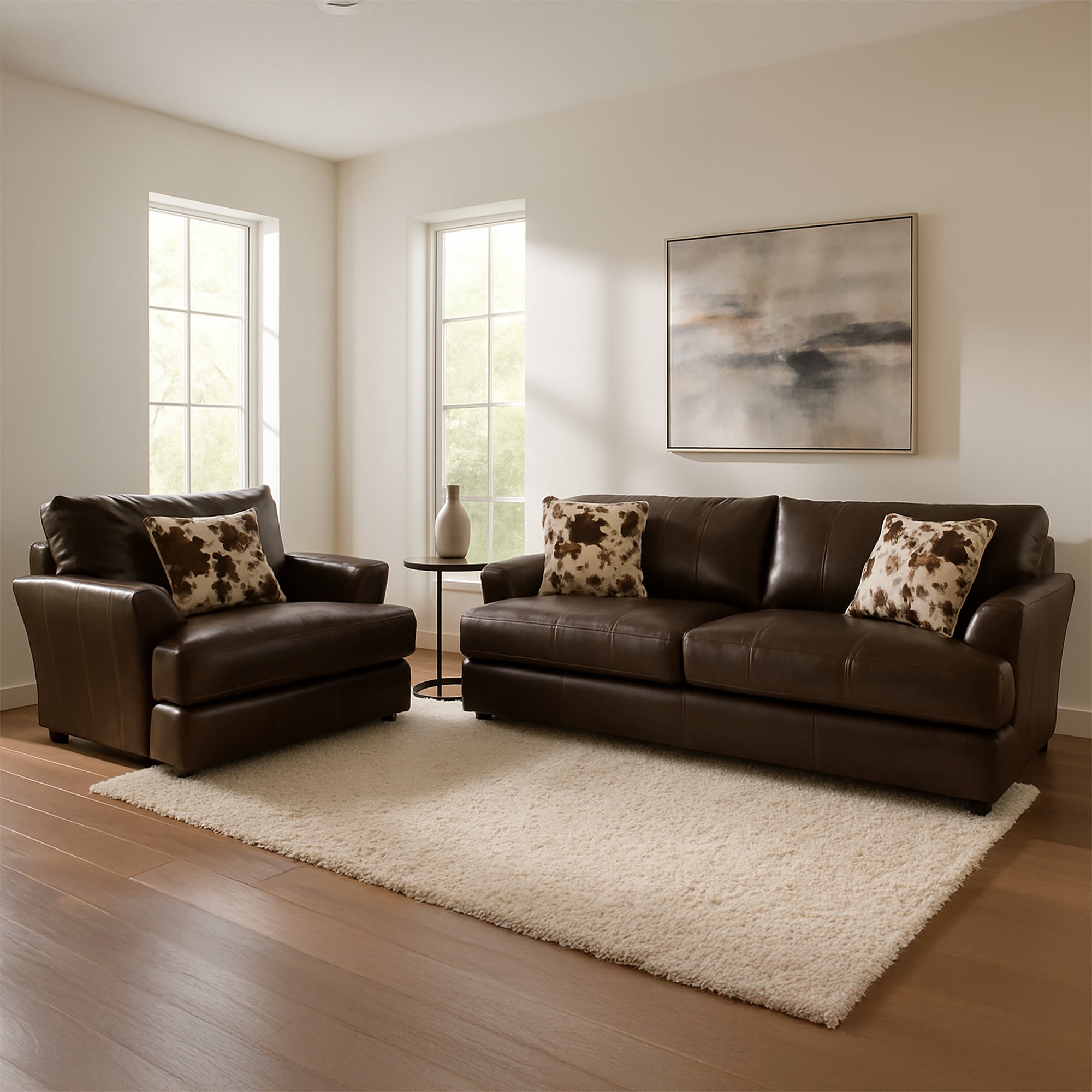 Cobbs Two Piece Leather Sofa and Chair Living Room Set, Dark Brown