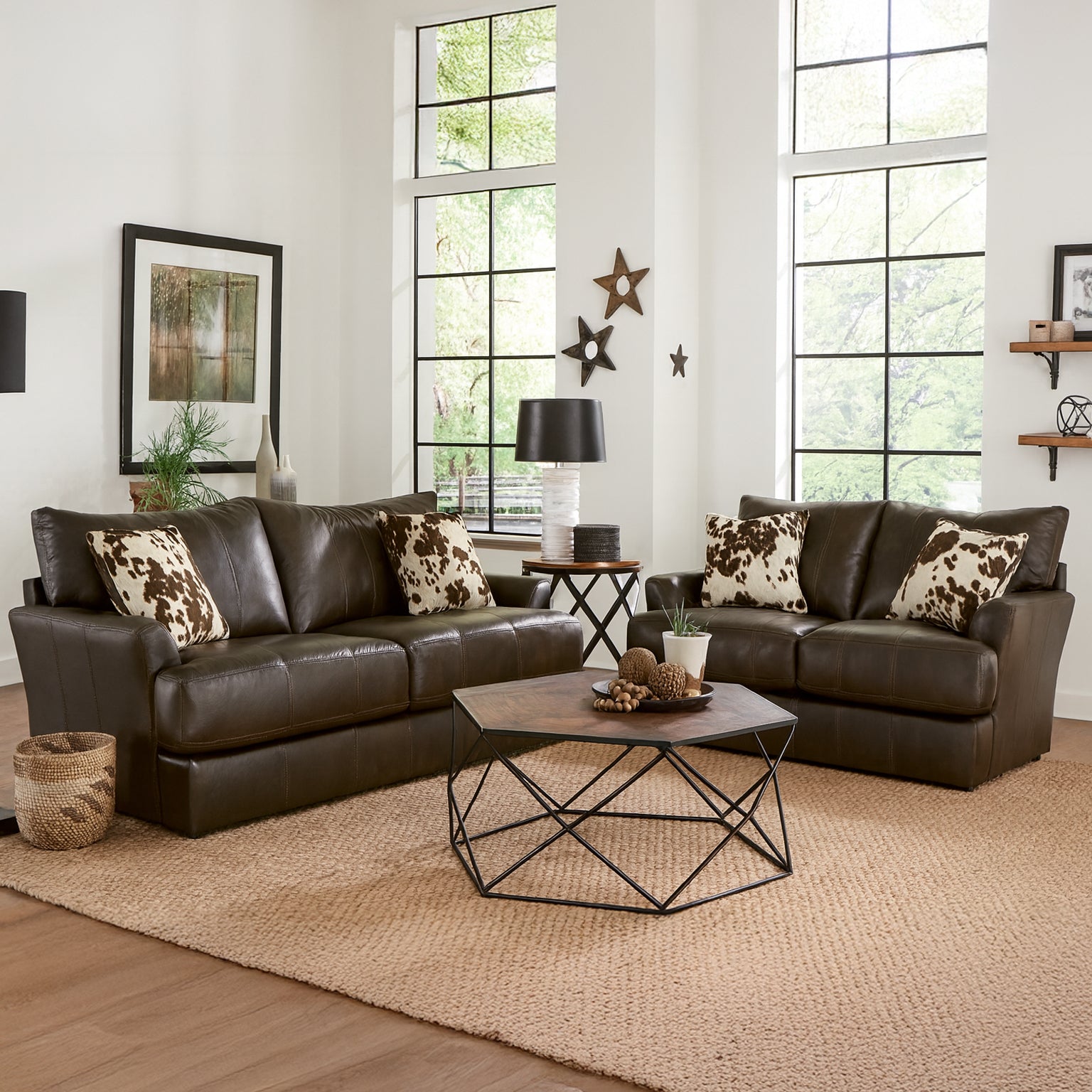 Cobbs Two Piece Leather Sofa and Loveseat Living Room Set, Dark Brown