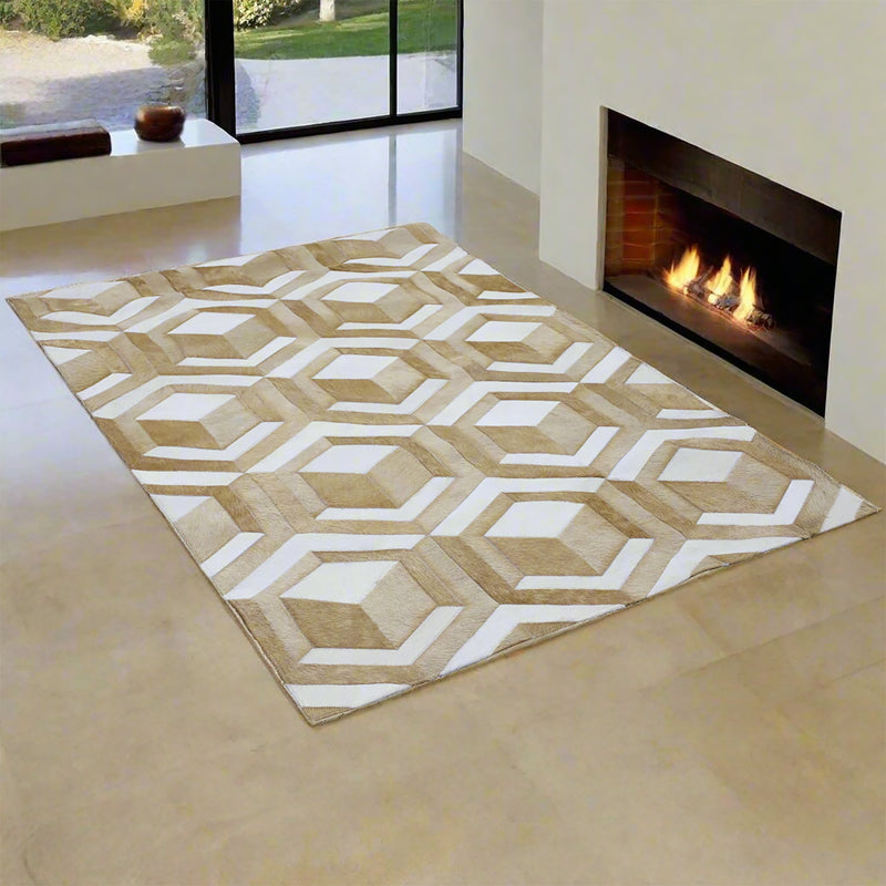 Coral Geometric Hair On Leather Rug, Rectangle 4' x 6' - Coja