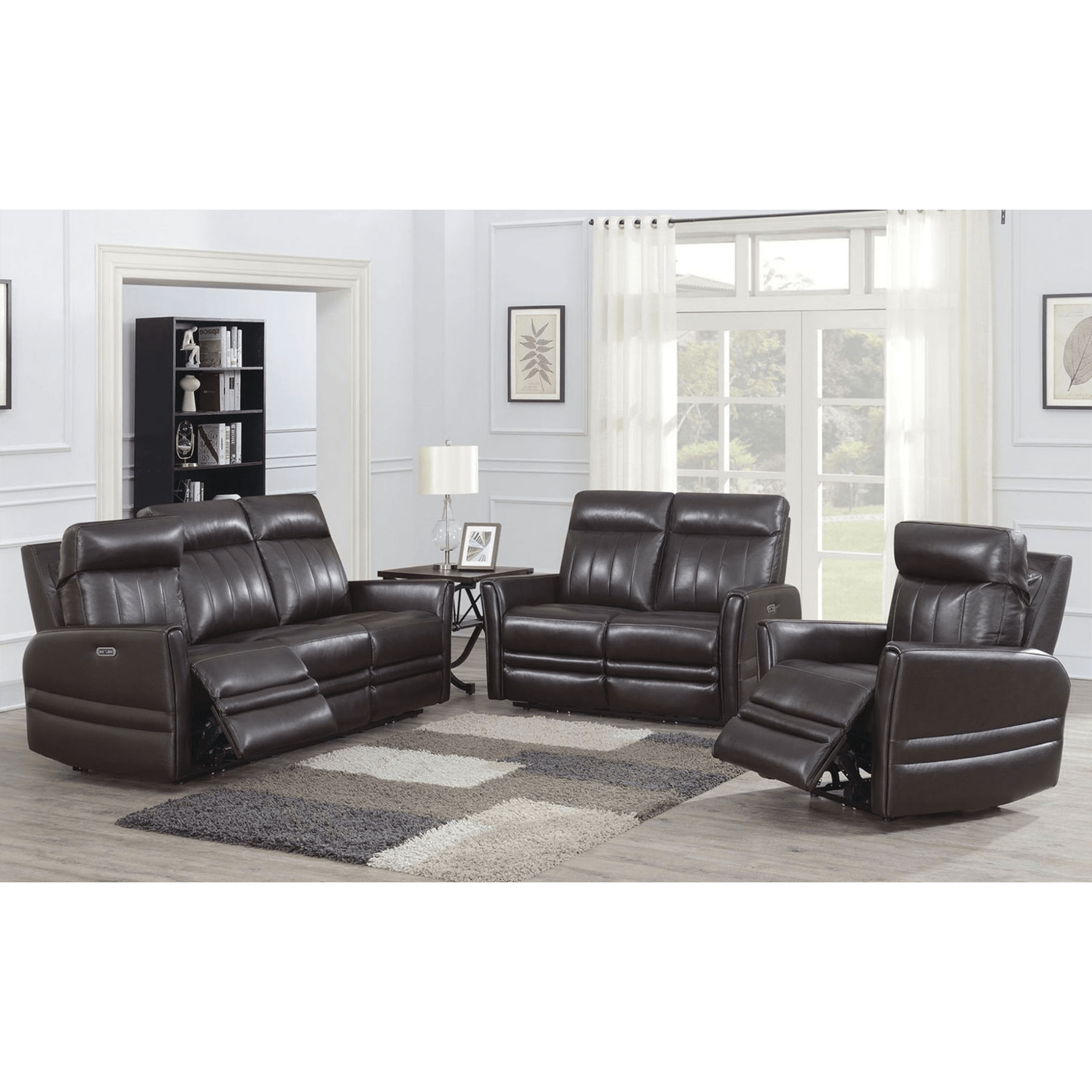 Coslada Leather Sofa, Loveseat and Chair Power Reclining Set with Articulating Headrest, Dark Brown