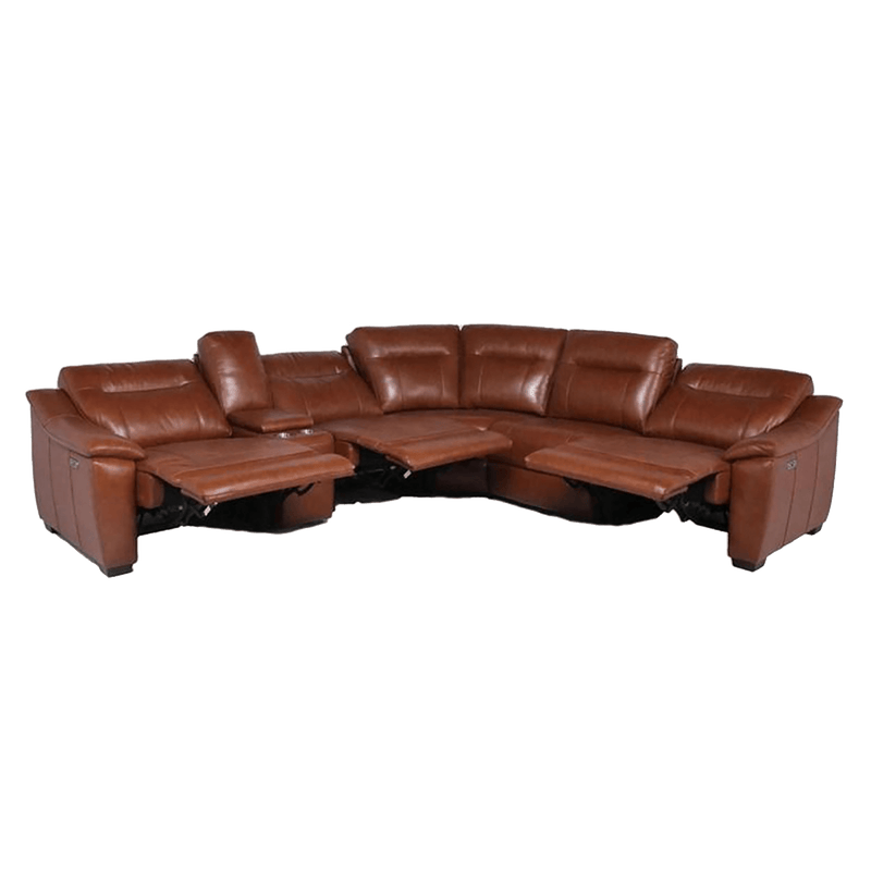 Cumana Leather Power Reclining Sectional with Articulating Headrest, Storage, Cupholders and USB Port, Brown - Coja