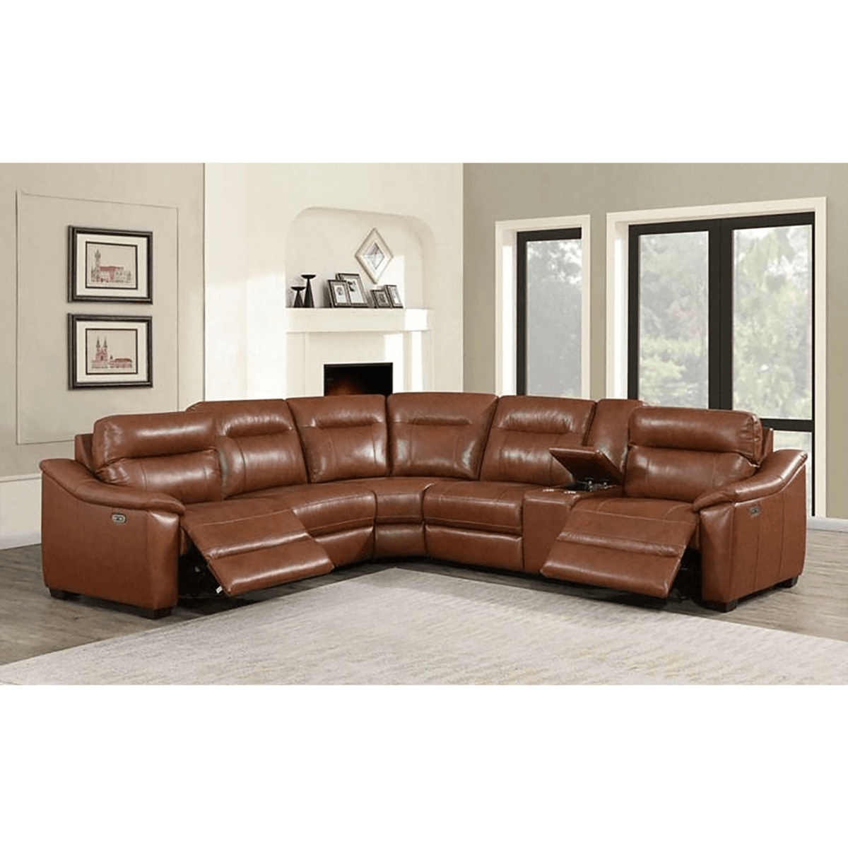 Cumana Leather Power Reclining Sectional with Articulating Headrest, Storage, Cupholders and USB Port, Brown - Coja