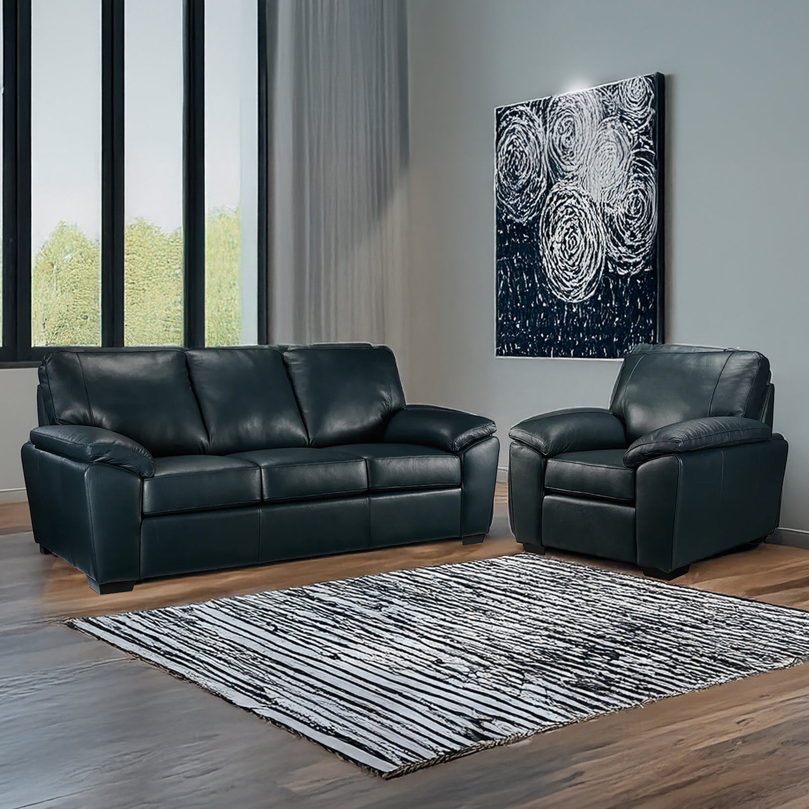 Deston Leather Sofa and Armchair Set, Navy Blue - Coja
