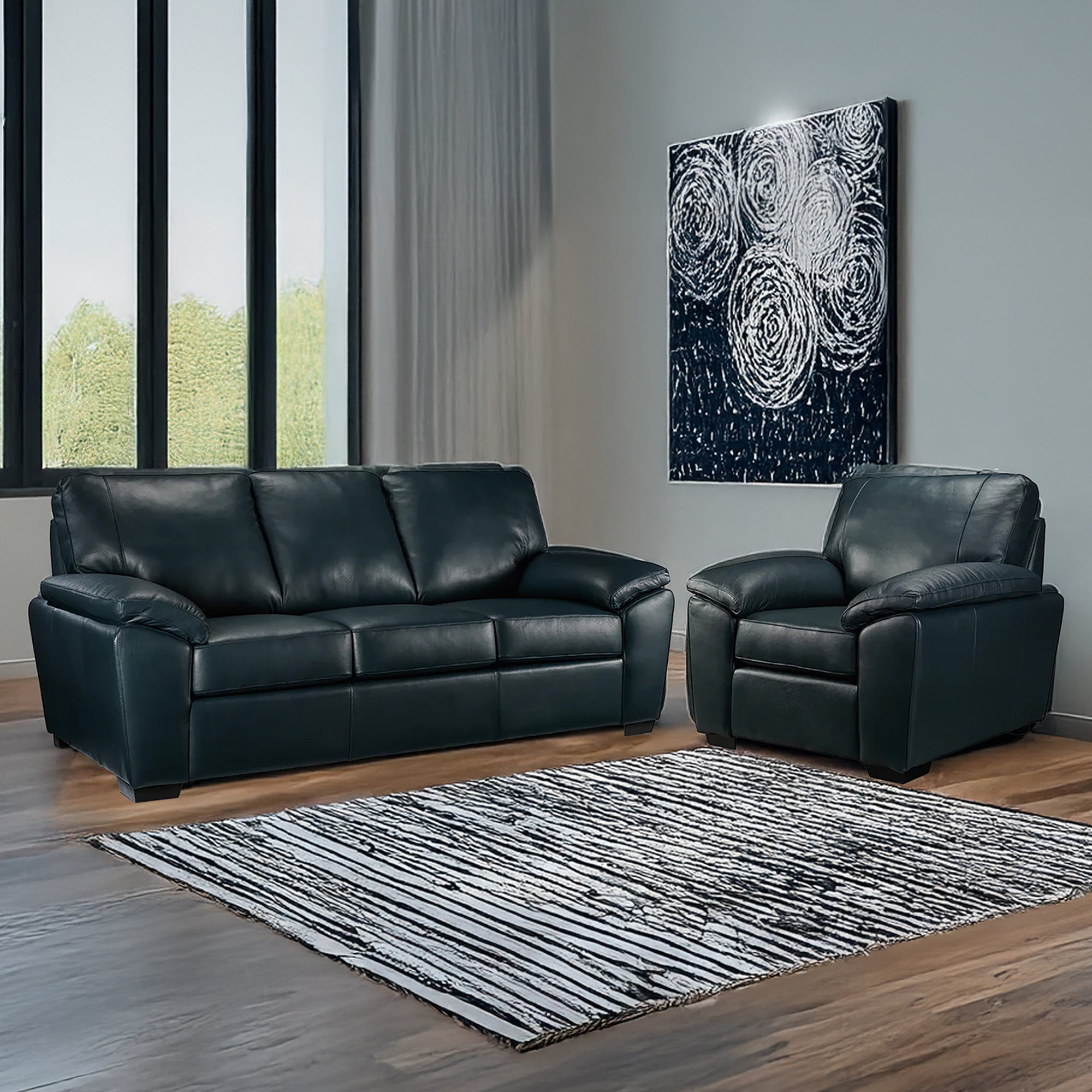 Deston Leather Sofa and Armchair Set, Navy Blue