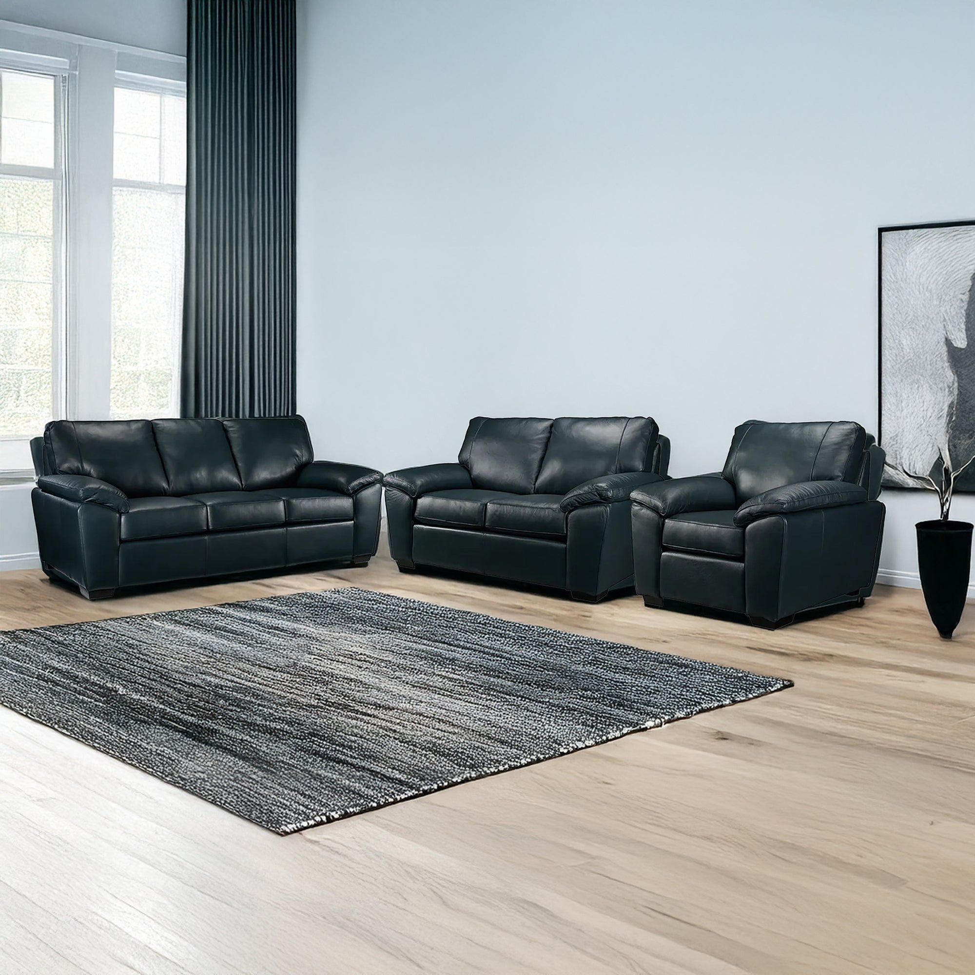 Deston Leather Sofa, Loveseat and Chair Set, Navy Blue