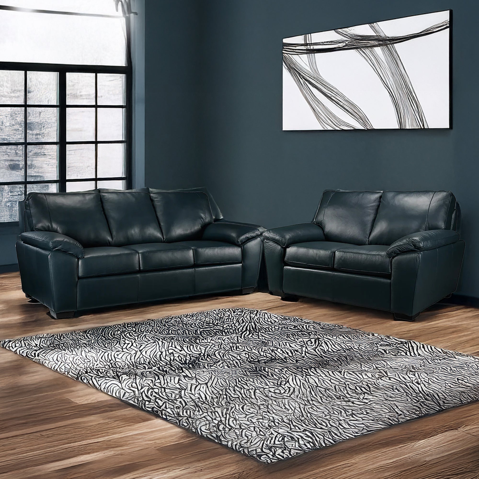 Deston Two Piece Leather Sofa and Loveseat Set, Navy Blue