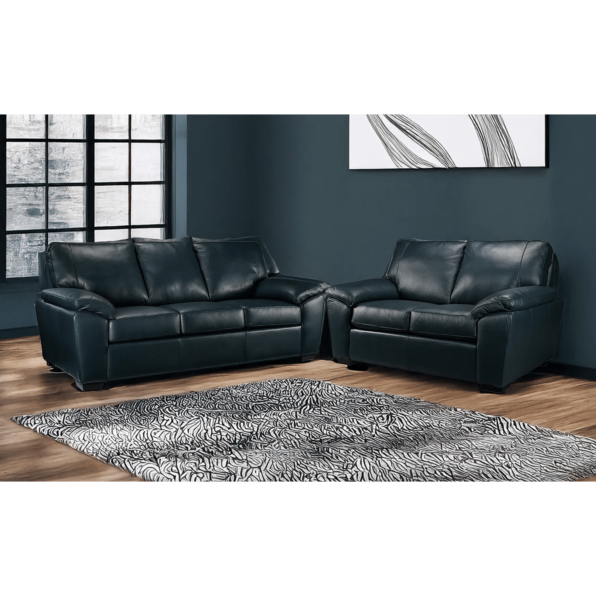 Deston Two Piece Leather Sofa and Loveseat Set, Navy Blue - Coja