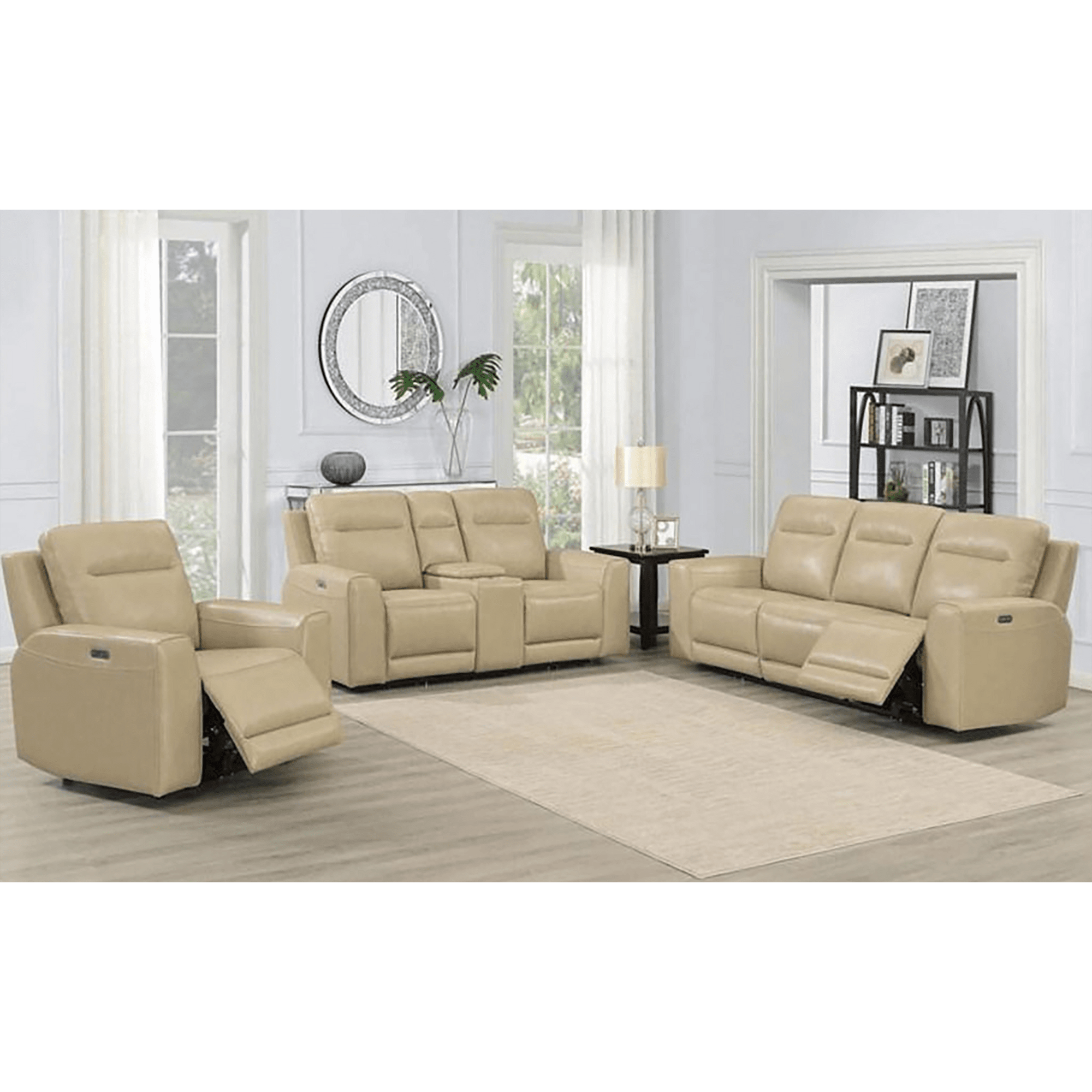 Deurne Leather Power Reclining Sofa, Loveseat and Chair Set with Articulating Headrest, Beige