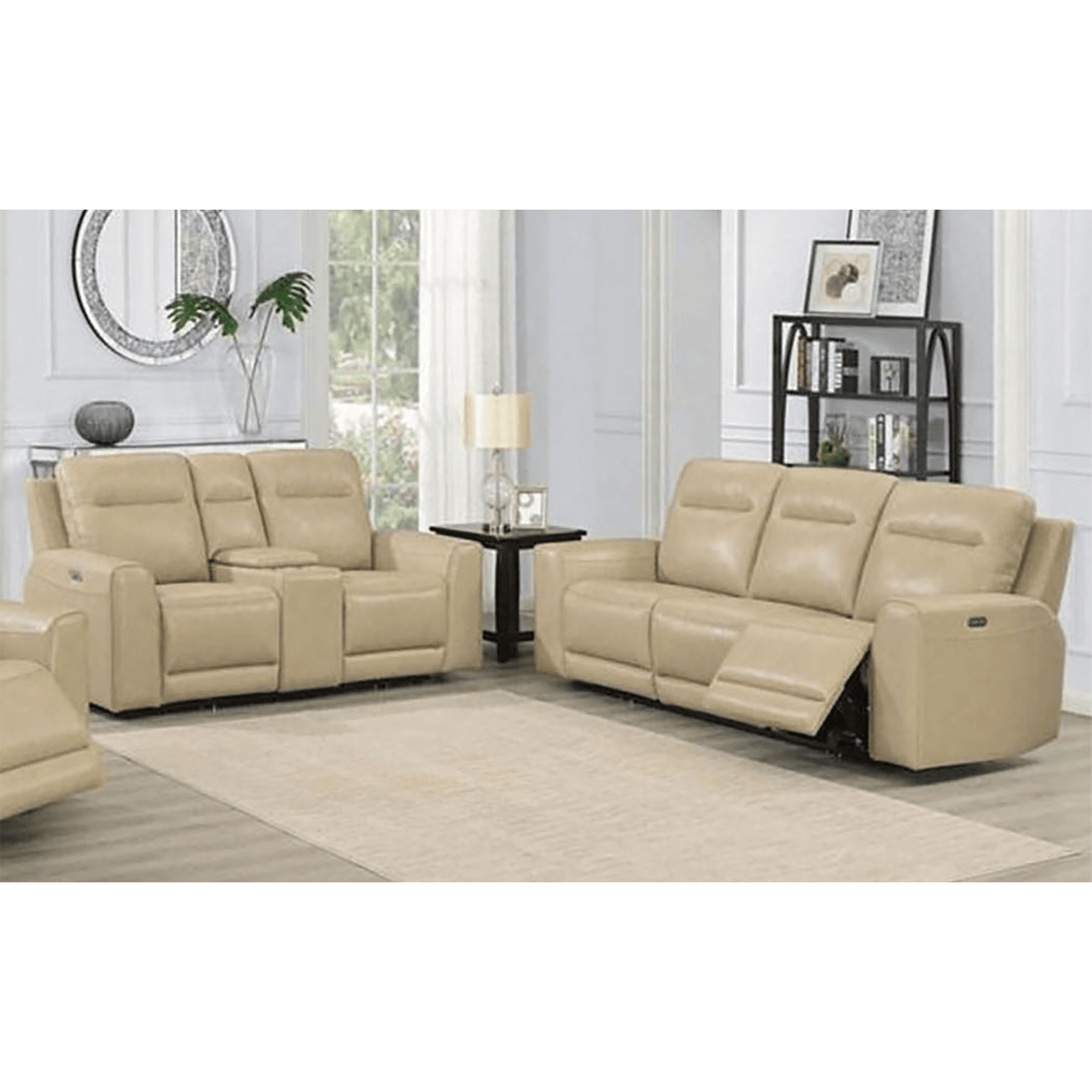 Deurne Leather Power Reclining Sofa and Loveseat Set with Articulating Headrest, Beige