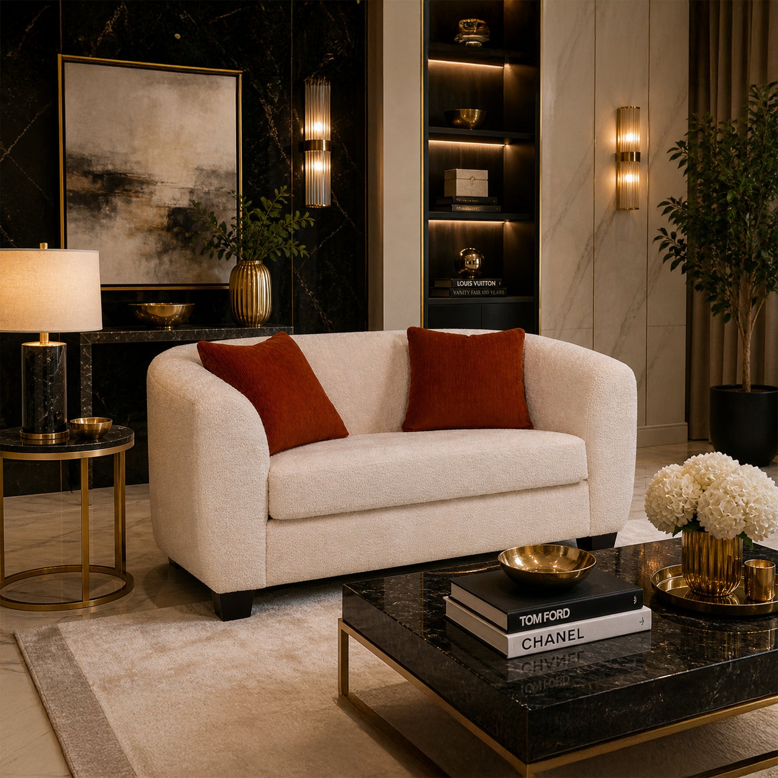 Everrest Fabric Loveseat with Accent Cushions, Cream