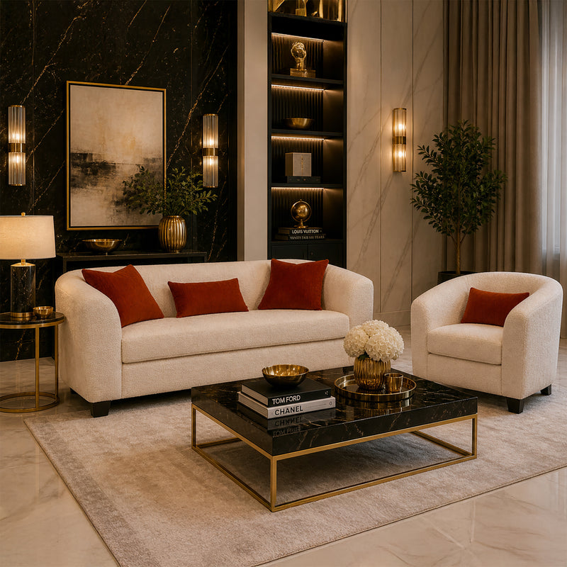 Everrest Fabric Sofa and Chair Set with Accent Cushions, Cream - Coja