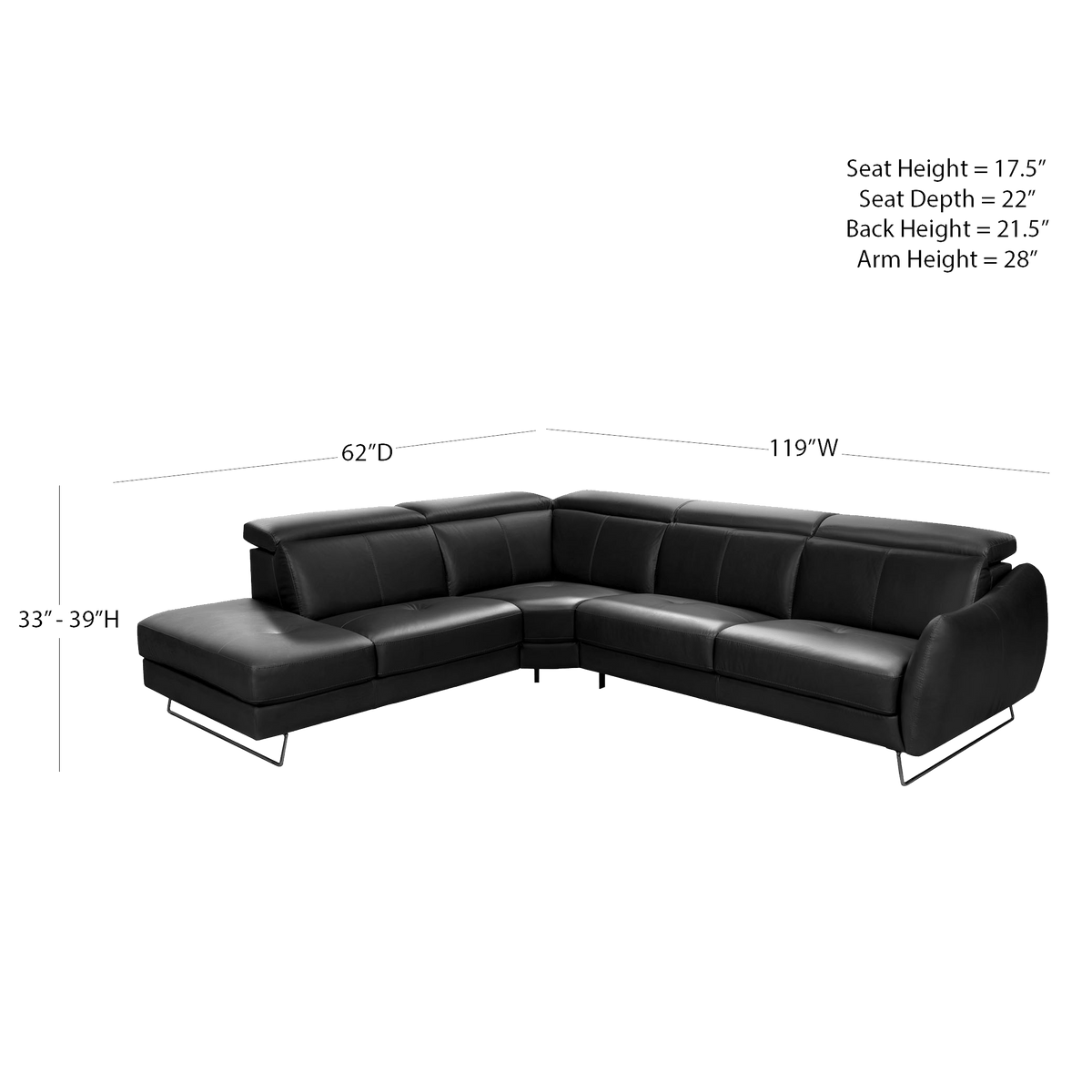 Firenze Italian Leather Sectional with Chaise – Dark Gray - Coja