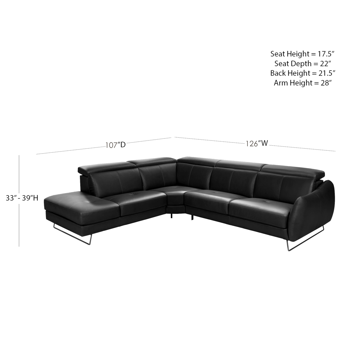 Firenze Italian Leather Sectional with Chaise – Dark Gray
