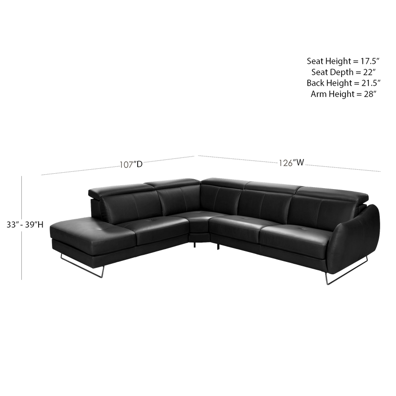 Firenze Italian Leather Sectional with Chaise – Dark Gray