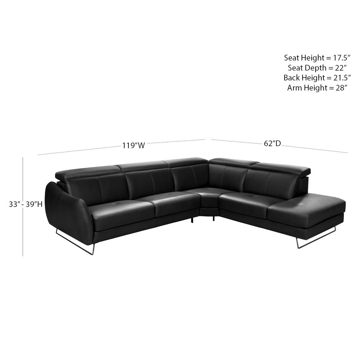 Firenze Italian Leather Sectional with Chaise – Dark Gray - Coja