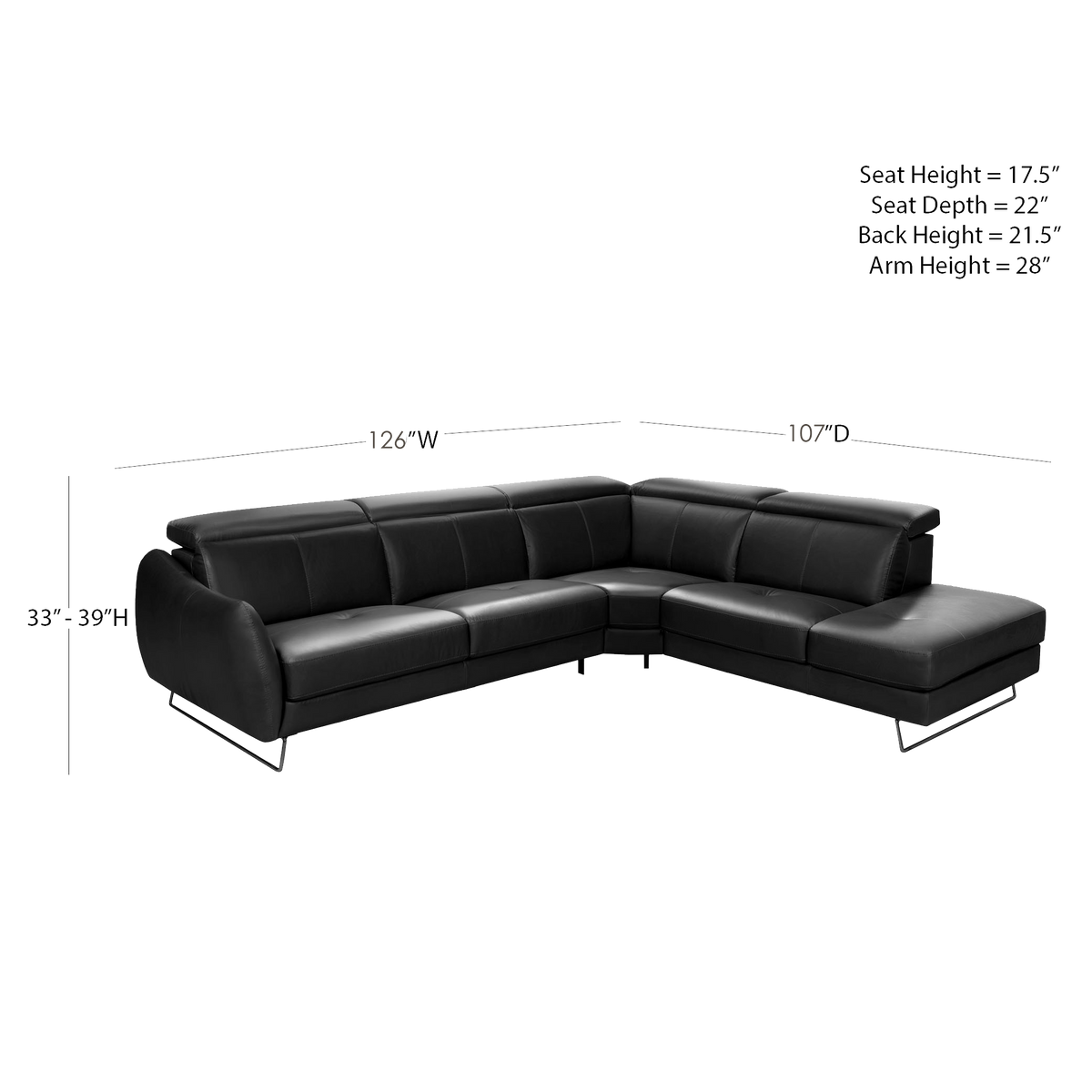 Firenze Italian Leather Sectional with Chaise – Dark Gray