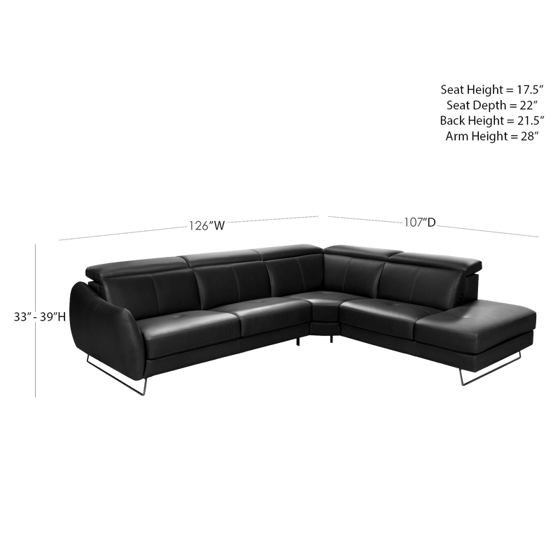 Firenze Italian Leather Sectional with Chaise – Dark Gray
