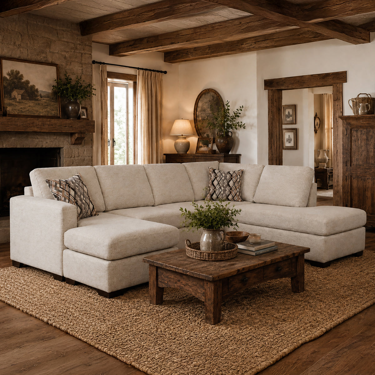 Hasli Beige Fabric Sectional Sofa with Chaise