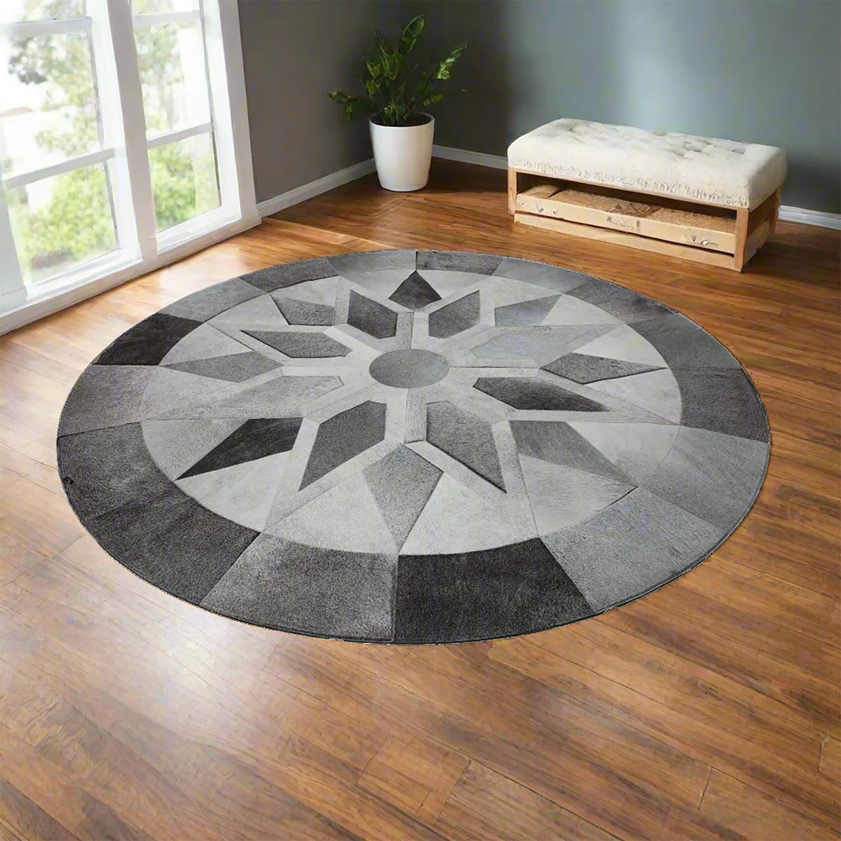 Hematite Geometric Hair On Leather Rug, Round 8&#39; - Coja