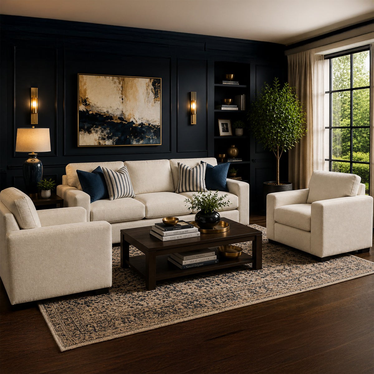 Karat Fabric Sofa & Two Chairs Set with Accent Cushions, Natural - Coja