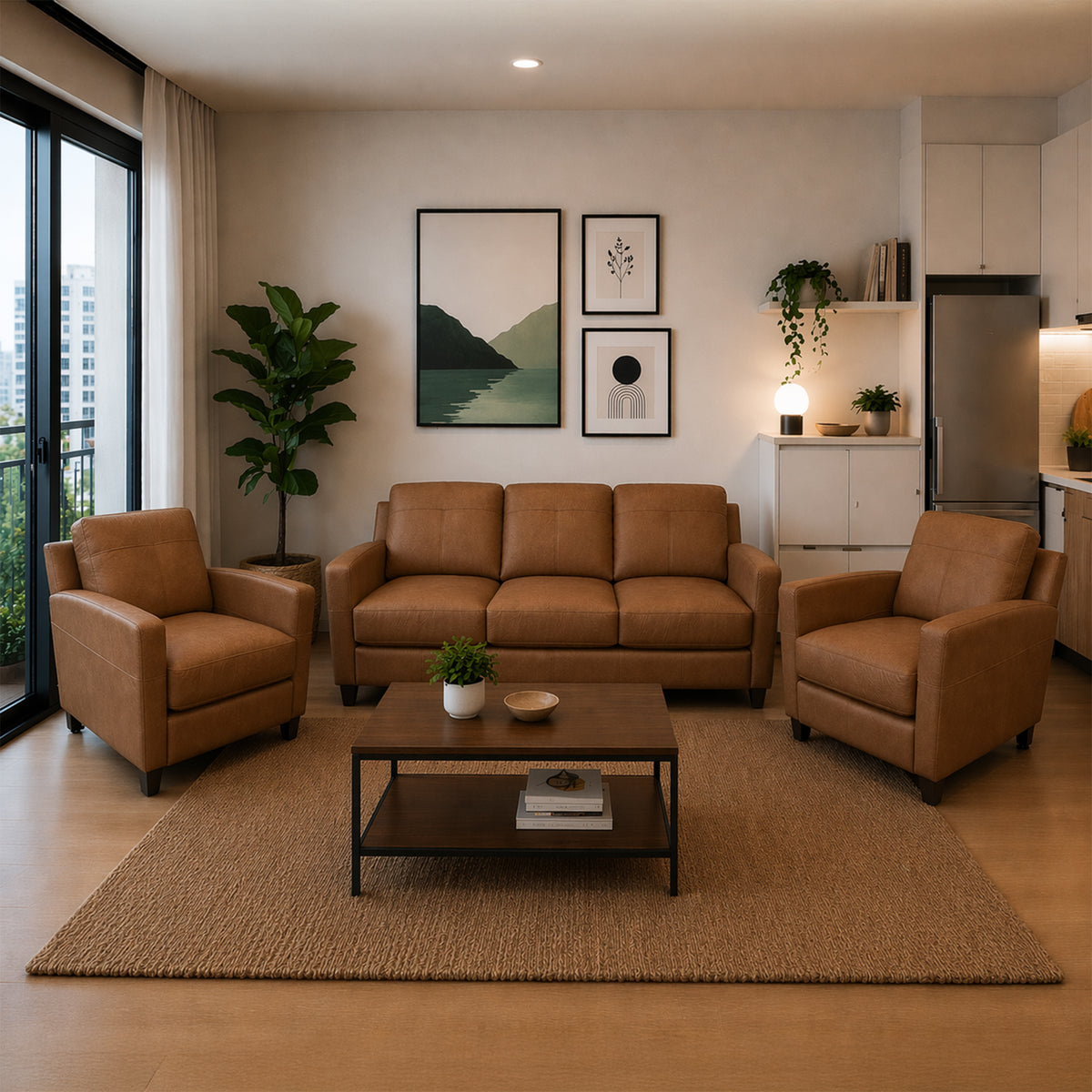 Linear Leather Sofa & Two Chair Set - Coja