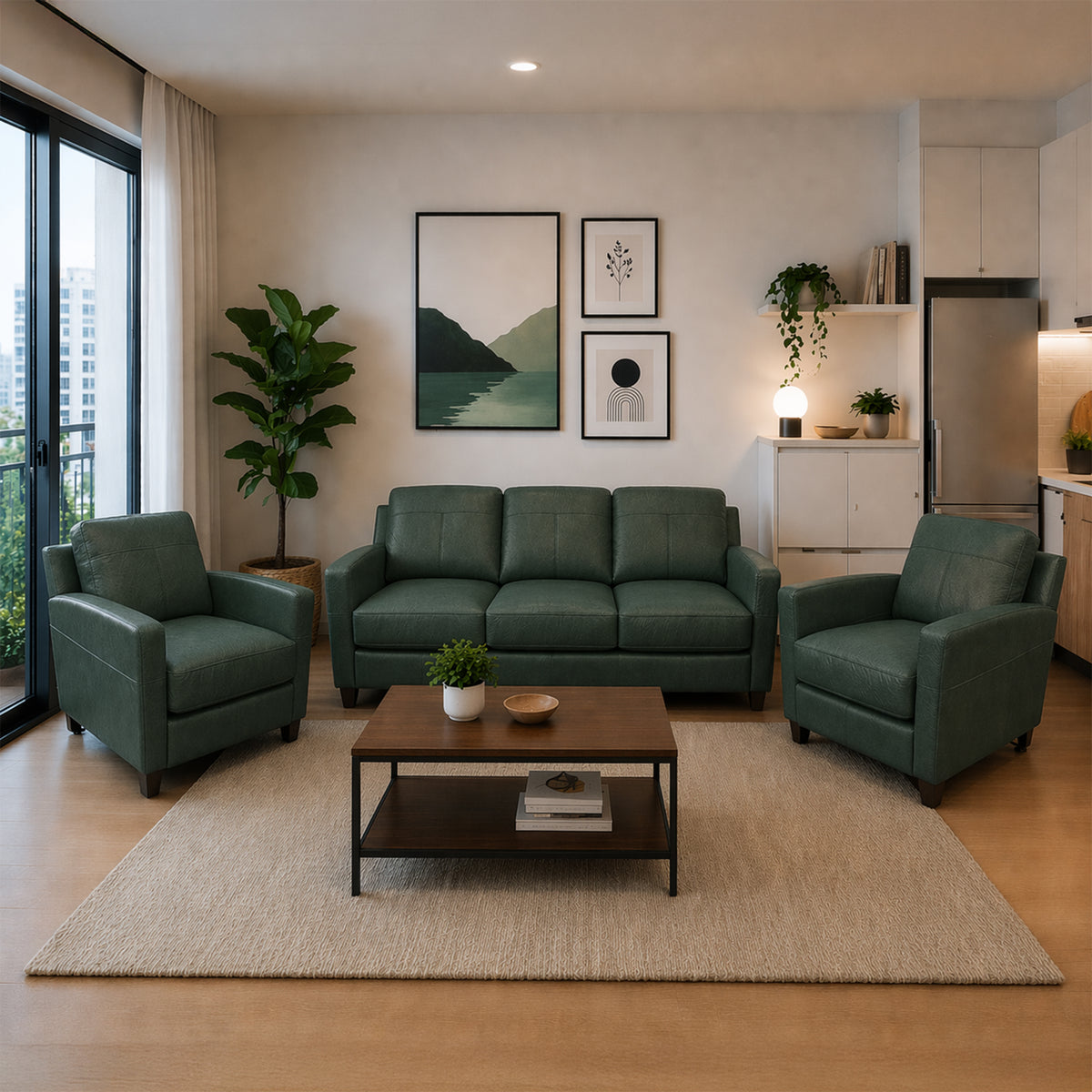 Linear Leather Sofa & Two Chair Set - Coja