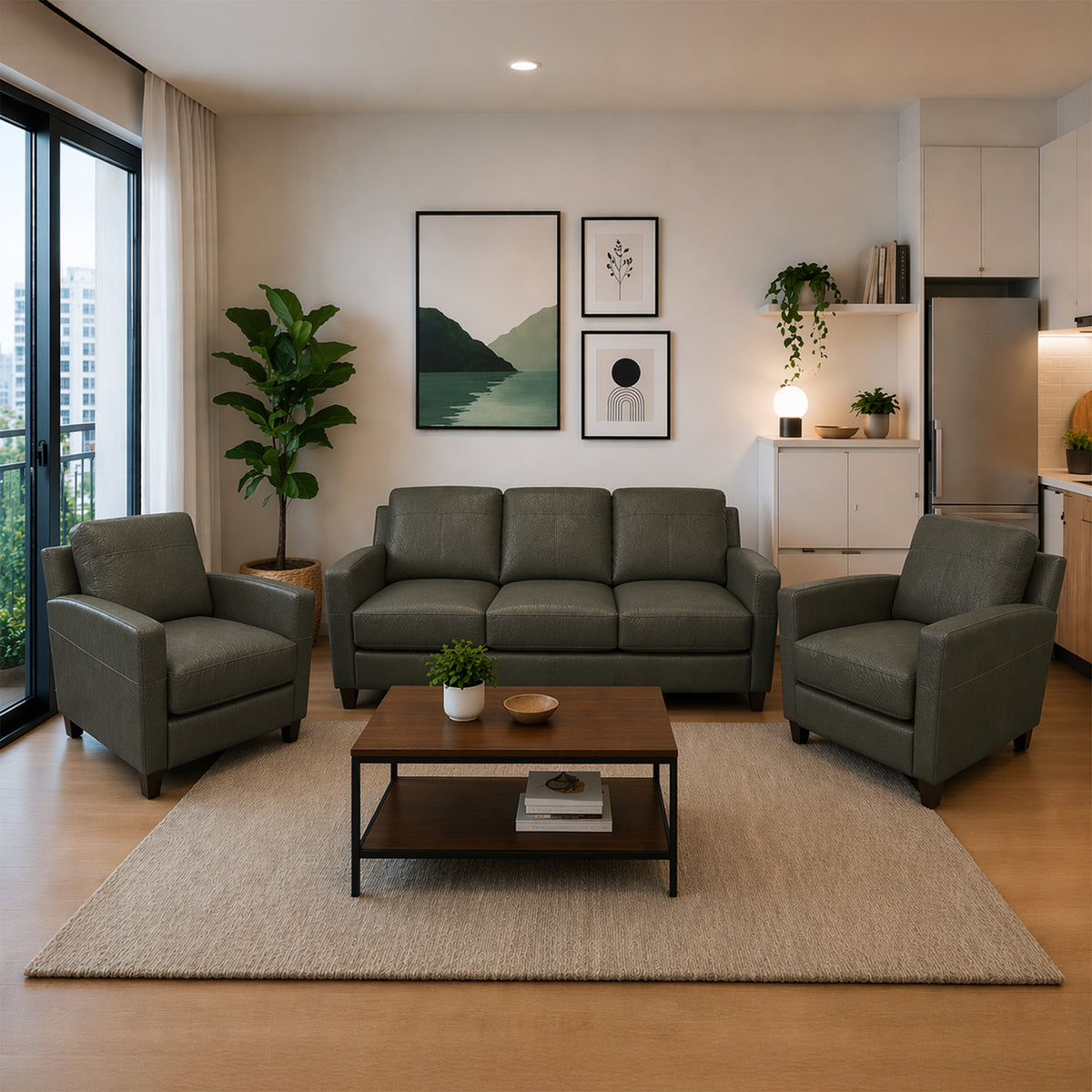 Linear Leather Sofa & Two Chair Set - Coja