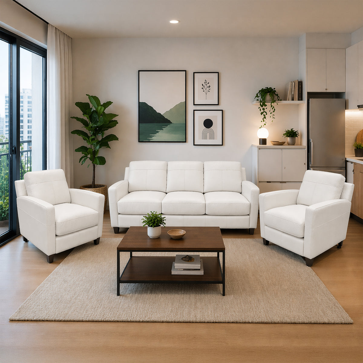 Linear Leather Sofa & Two Chair Set - Coja