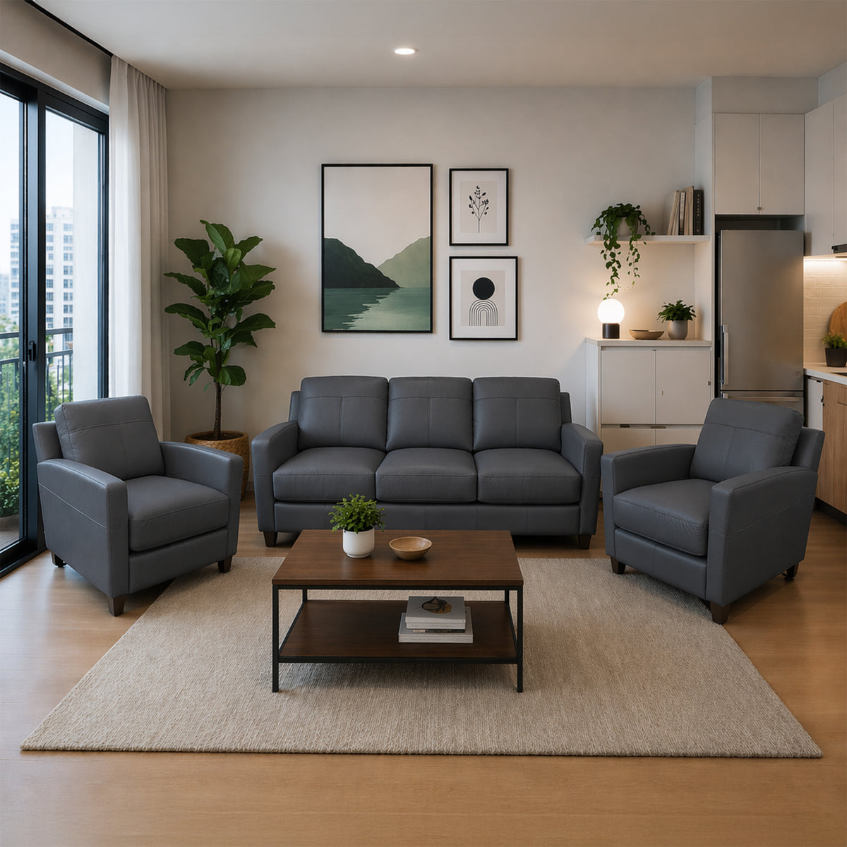 Linear Leather Sofa & Two Chair Set - Coja