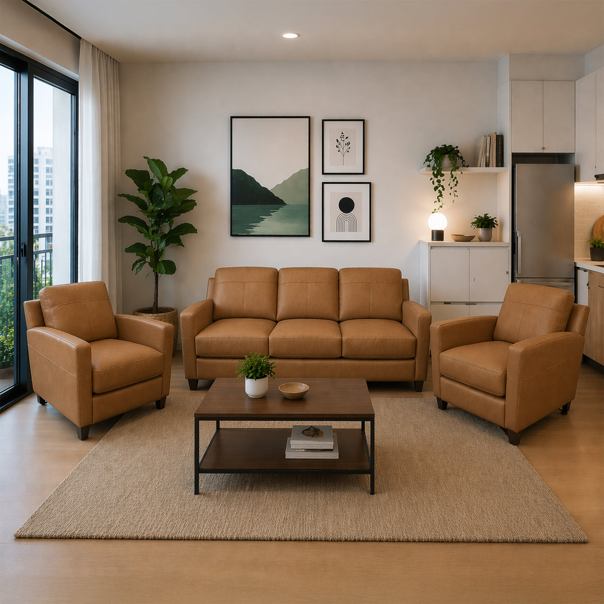 Linear Leather Sofa & Two Chair Set - Coja