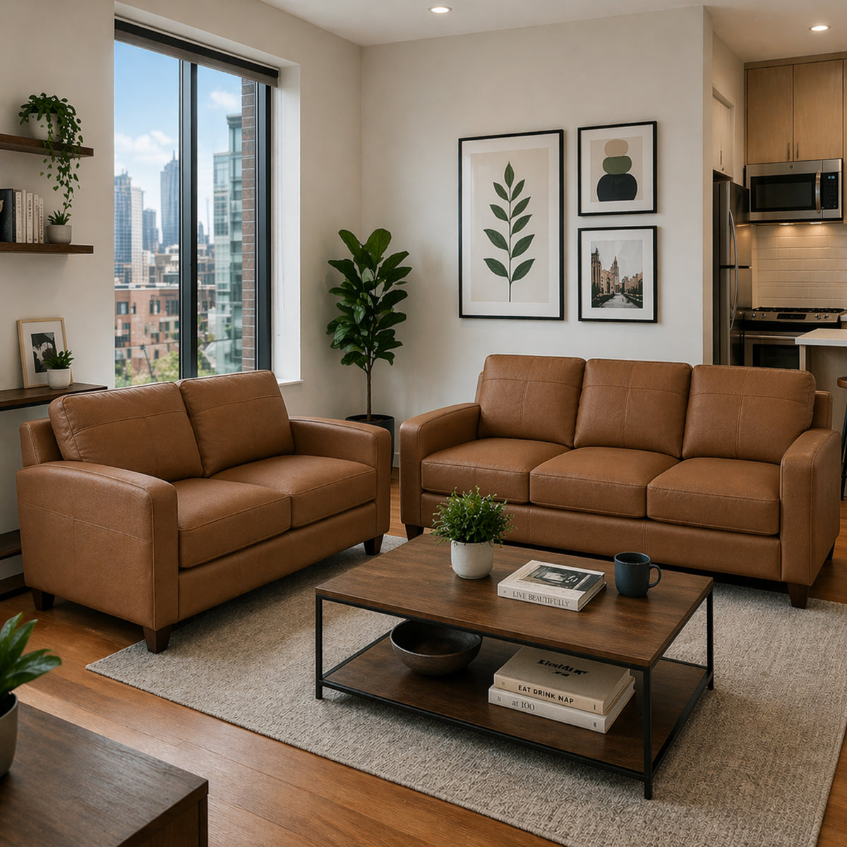 Linear Leather Sofa & Loveseat Set - Coja