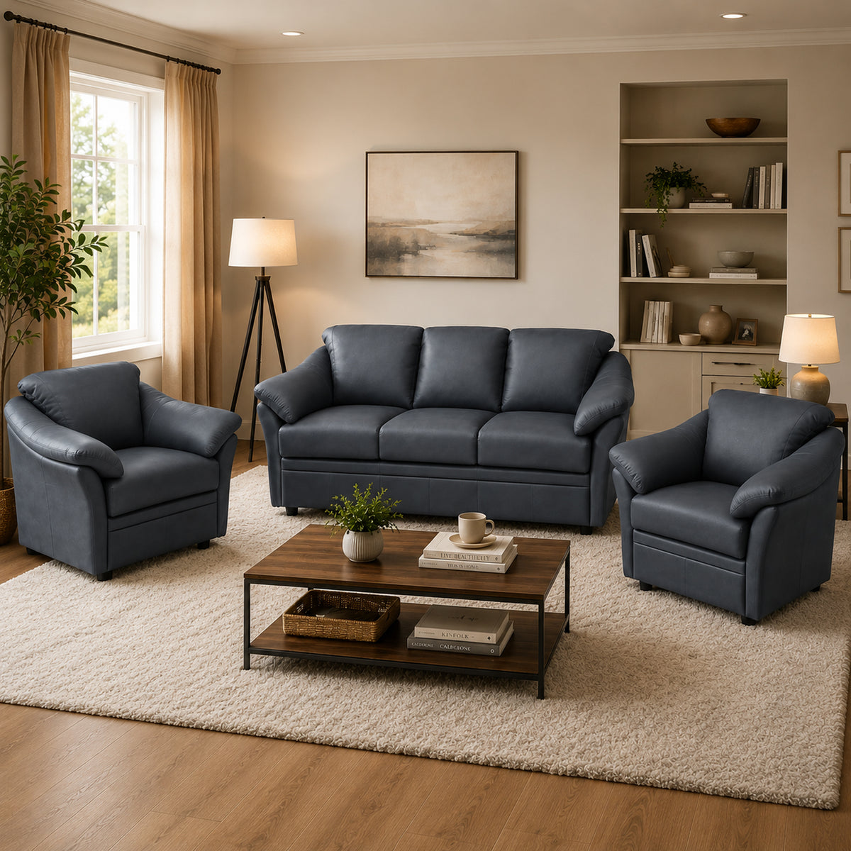 Lyons Leather Sofa & Two Chair Set - Coja