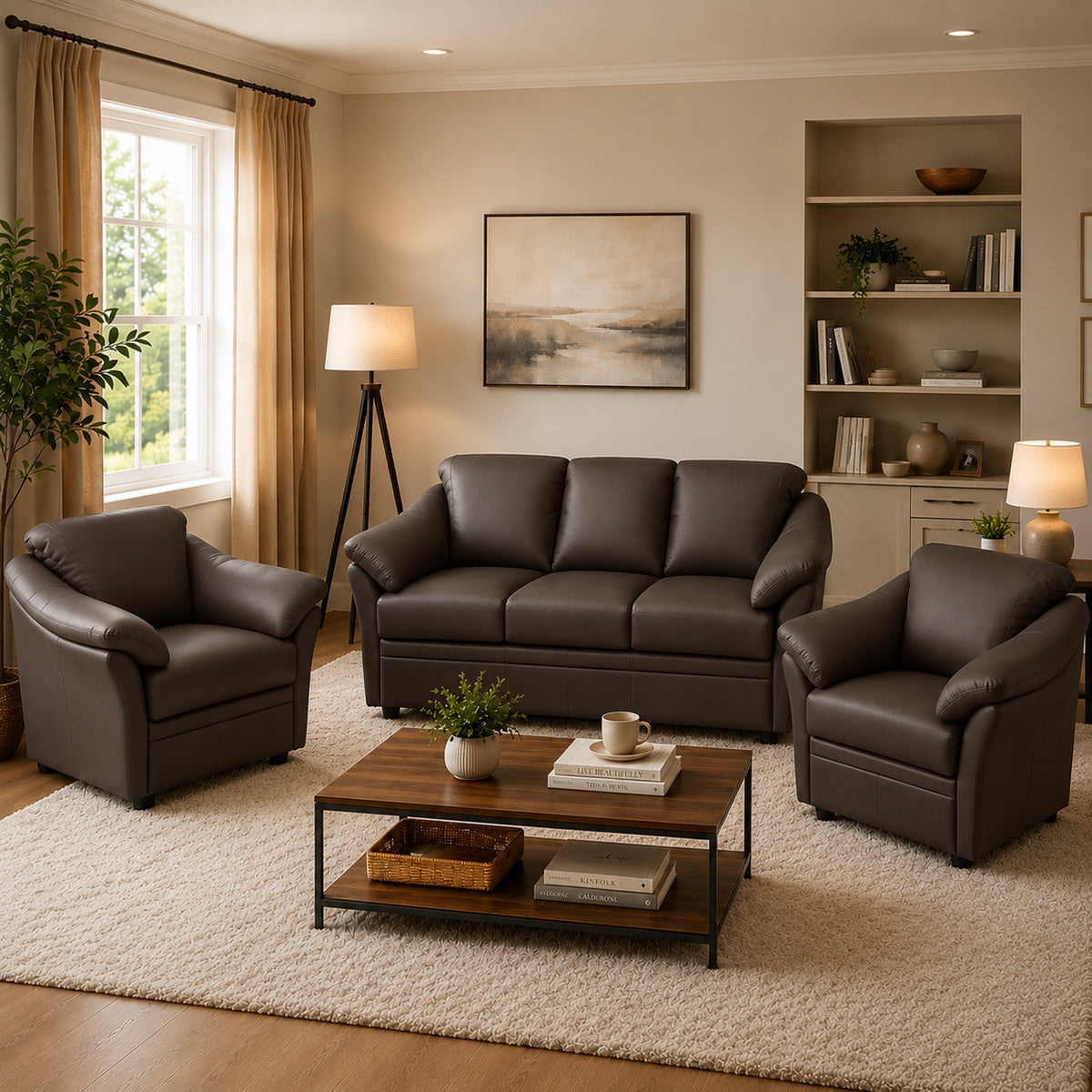Lyons Leather Sofa & Two Chair Set - Coja