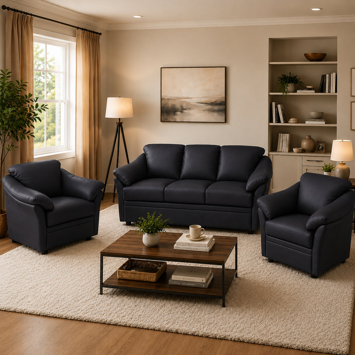 Lyons Leather Sofa & Two Chair Set - Coja