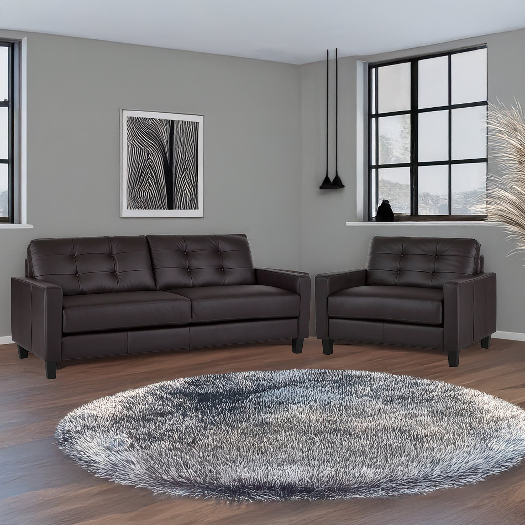 Macon Contemporary Track Arm Leather Sofa and Chair Set, Dark Brown