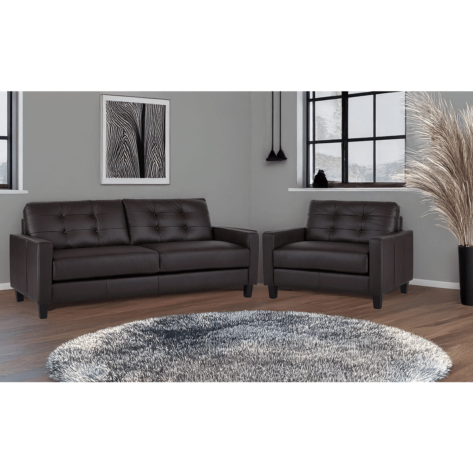 Macon Contemporary Track Arm Leather Sofa and Chair Set, Dark Brown - Coja