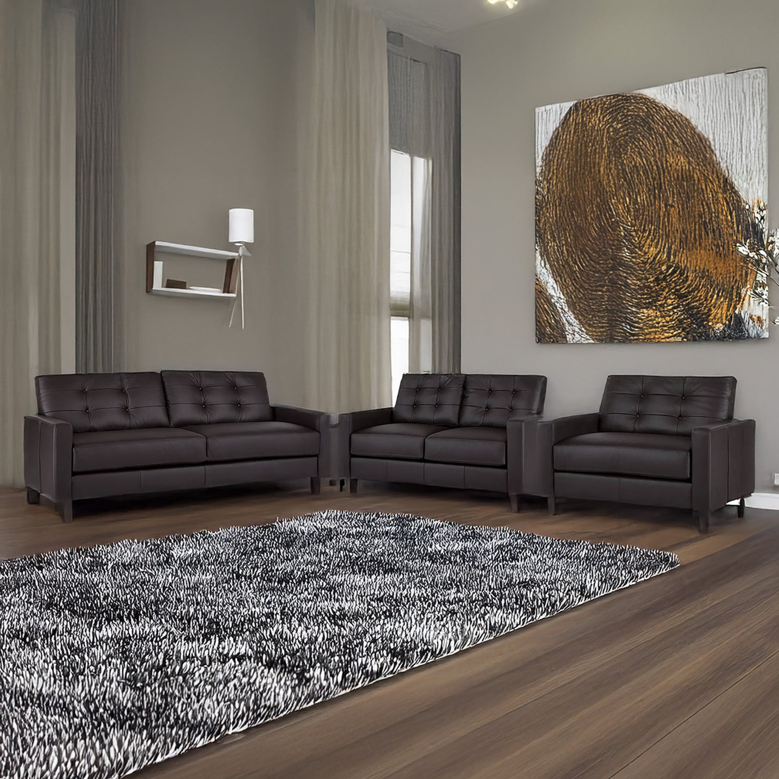 Macon Contemporary Track Arm Leather Sofa,Loveseat and Chair Set, Dark Brown - Coja