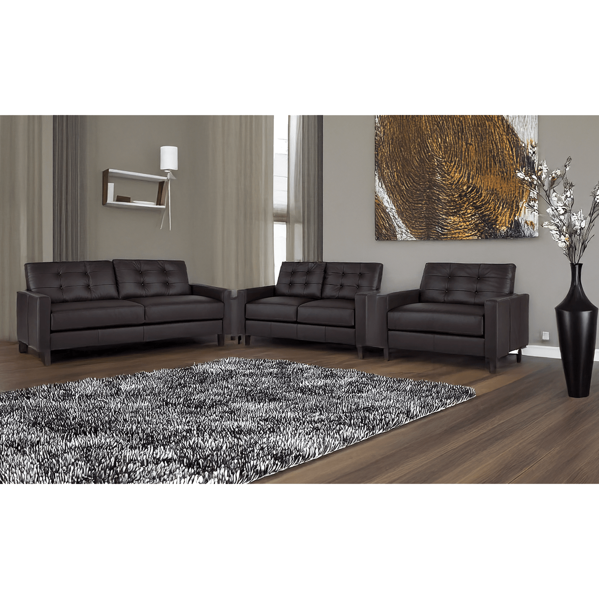 Macon Contemporary Track Arm Leather Sofa,Loveseat and Chair Set, Dark Brown - Coja